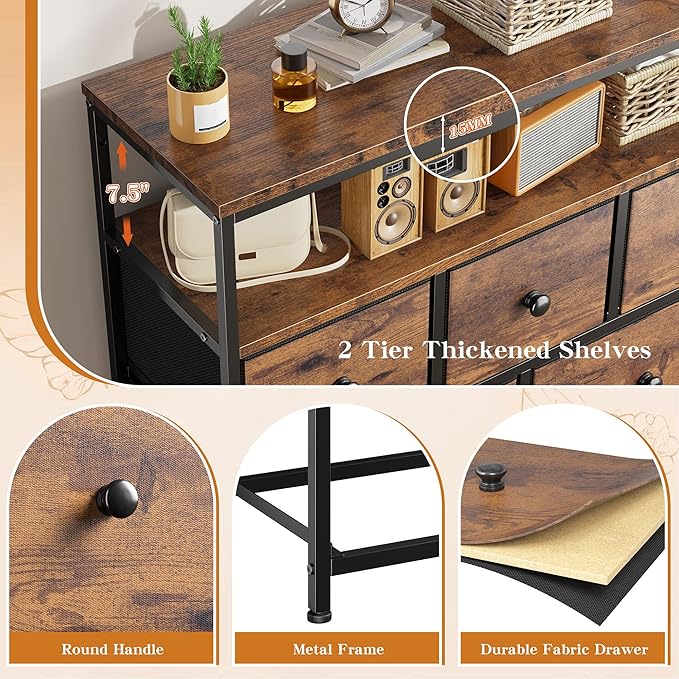 EnHomee Tv Stand for Bedroom with 7 Fabric Dressers and 2 Shelves，Dressers & Chests of Drawers for Closet，Hallway，Entryway，Dormitory，Clothes Storage，Rustic Brown