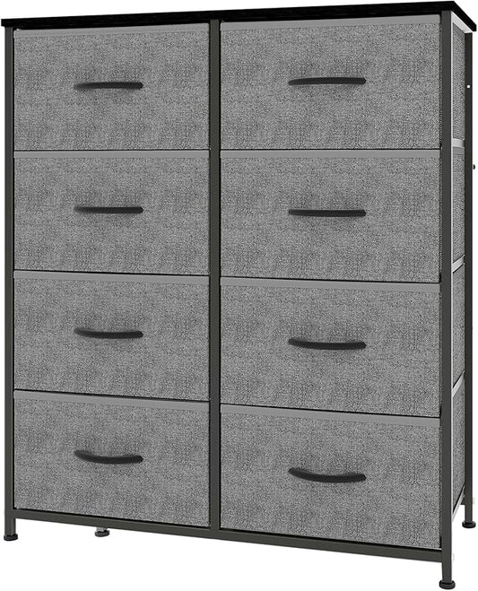 OLIXIS Dresser for Bedroom, 8 Storage Fabric Drawers, Metal Frame and Wooden Top, Tall Storage Drawer Dresser for Closet with Easy Pull Handles for Living Room, Entryway, Small Space Grey
