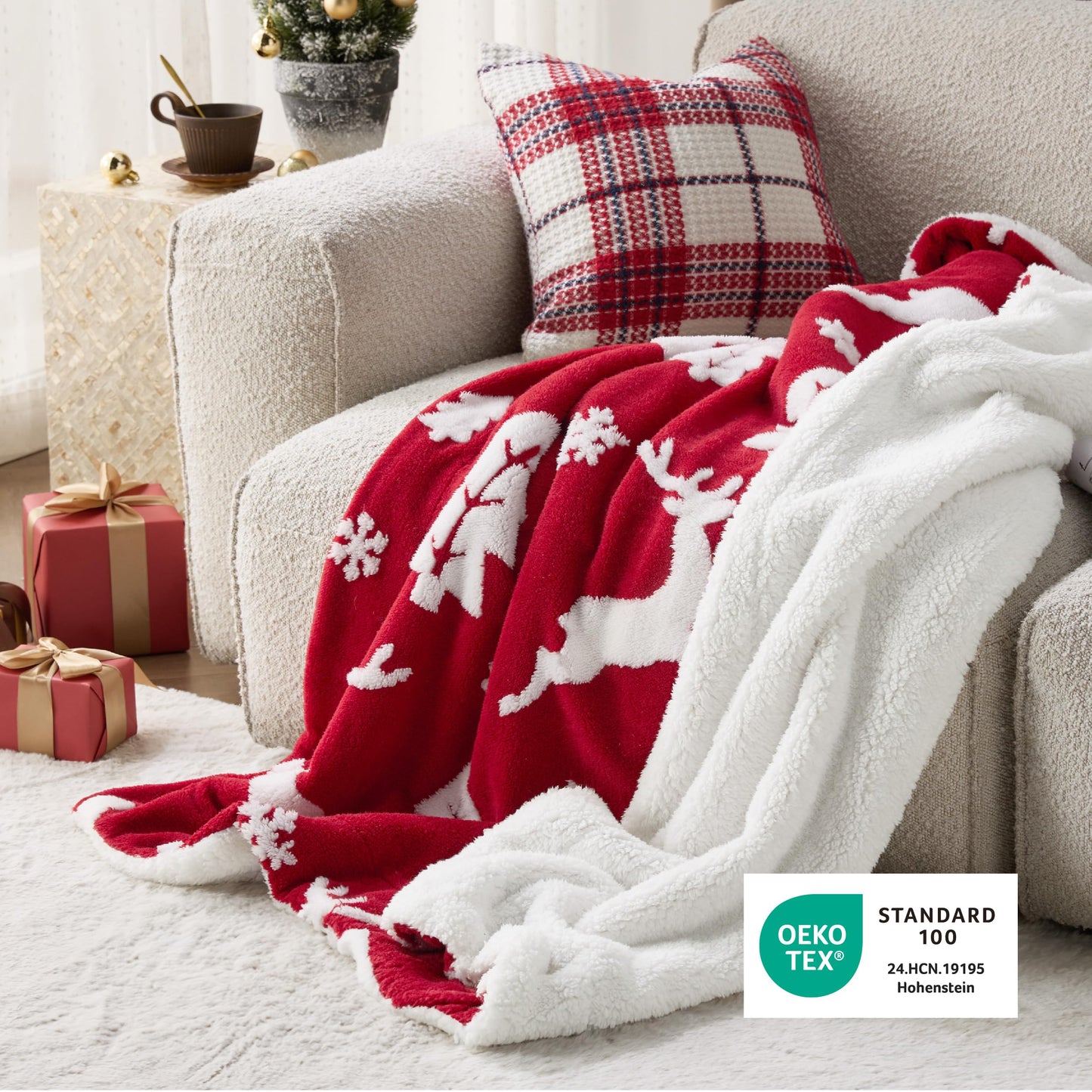 Bedsure Christmas Throw Blanket for Couch - Christmas Decorations Gifts for Women, Warm Sherpa Deer Throw Blanket, Red 50"x60"