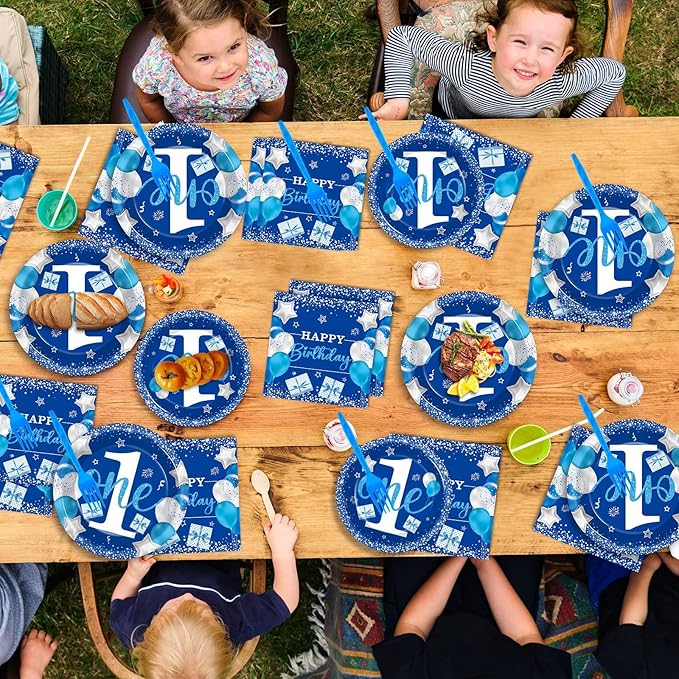 96 Pcs Boy 1st Birthday Party Plates Napkins Tableware Set Blue One Year Old Supplies Disposable Dinnerware Baby Boy 1st Birthday Party Decoration Favors for Baby First Birthday Supplies, 24 Guests