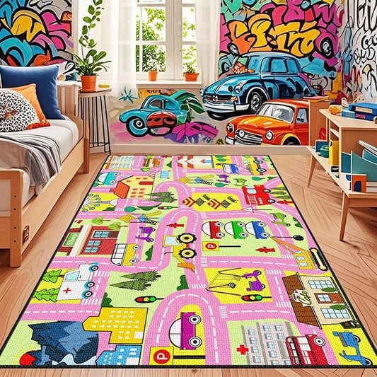 Car Rugs for Kids Toy Cars - City Life Car Road Rug Car Track Rug Car Carpet for Kids Boys Girls Playroom Living Room Bedroom Classroom, 4'5''×6'