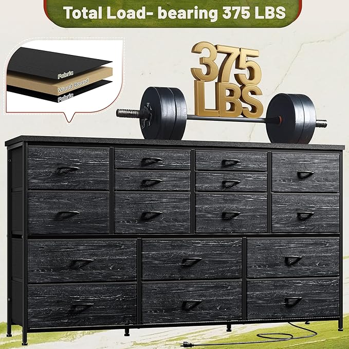 EnHomee Dressser for Bedroom Dresser with 16 Drawers TV Stand for Bedroom for 60" TV Long Dressers & Chests of Drawers Large Dresser with Charging Station, 51.5" W*11.7" D*34.6" H, Charcoal Black
