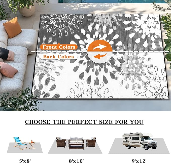 Wallona Outdoor Rugs 9x12 ft Patio Waterproof Clearance Indoor Outdoor Large Carpet for Patio Plastic Straw Reversible Area Rugs Mat for RV, Camping, Balcony, Beach, Picnic, Porch, Flower Grey & White