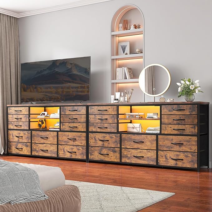 Dresser with LED Lights & Power Outlets, 12 Drawers Dresser TV Stand for 60''TV for Bedroom Fabric Dressers & Chest of Drawers, Sturdy Metal Frame for Closet, Living Room,Hallway, Rustic Brown