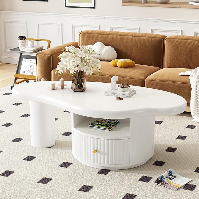 WILLIAMSPACE 43.3" Cloud Coffee Table with Drawer and Shelf, Modern Irregular Shape Coffee Table Storage Center Table Accent Side End Table for Living Room Apartment, White