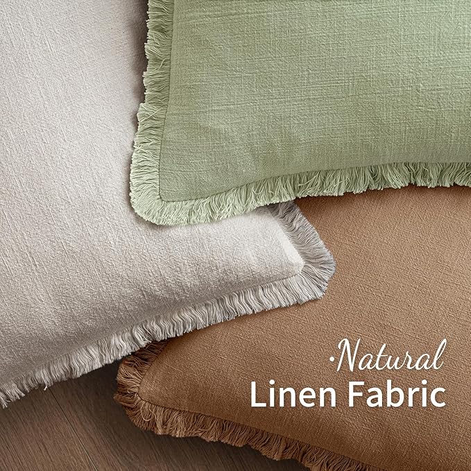 MIULEE Decorative Throw Pillow Covers Neutral Linen Fringe Throw Pillows Set of 2 Sage Green Boho Farmhouse Cushion Covers with Tassels for Couch Sofa Bed Living Room Spring Home Decor 18x18 Inch
