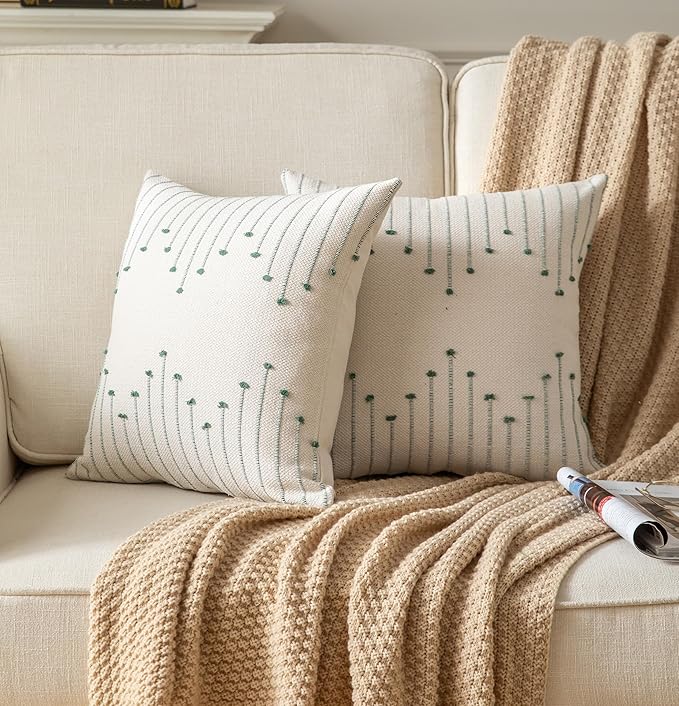 Caflife Boho Throw Pillow Covers 22x22 Set of 2 Decorative Pillows for Bed, Neutral Pillow Covers Beige with Green Line Throw Pillows for Modern Farmhouse Couch Sofa Living Room Outdoor