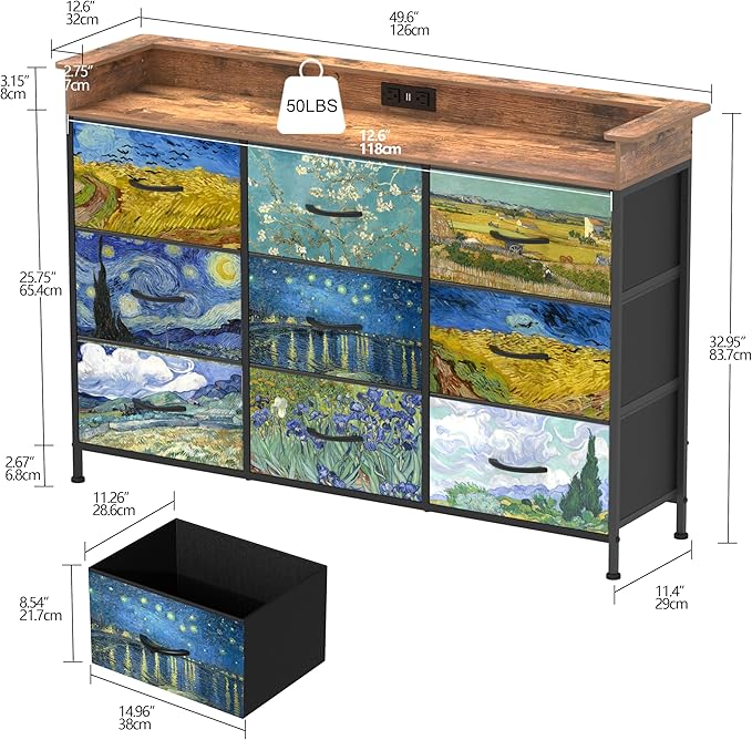 EXOTICA Welfuturer Dresser for Bedroom Van Gogh Dressers with 9 Drawers Chest of Drawers Fabric Clothes Drawer Fabric Closet Organizer for Living Room Entryway Nursery Sturdy Steel Frame Wood Top
