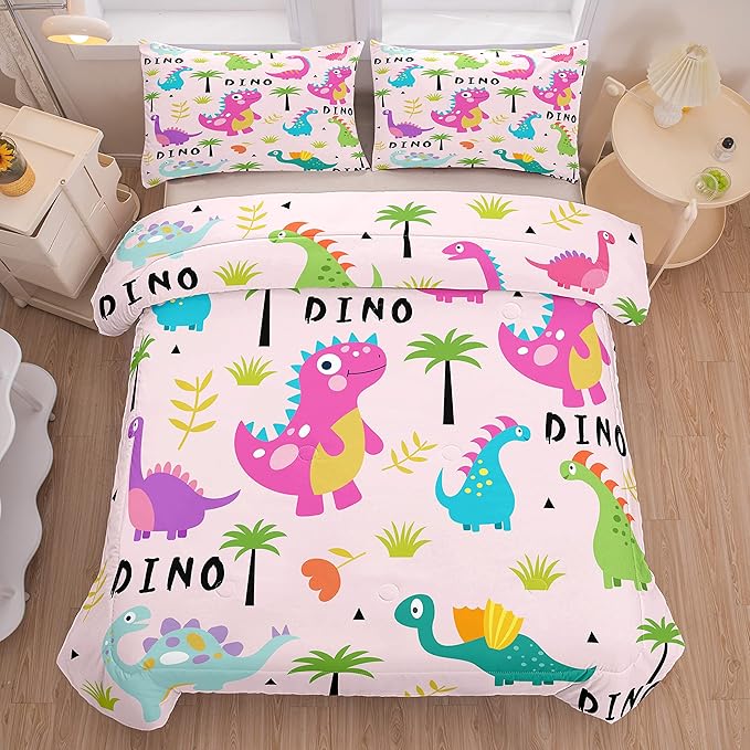 Tailor Shop Pink Dinosaur Bedding Set for Girls - Full Size Comforter Set with 1 Comforter 2 Pillowcase