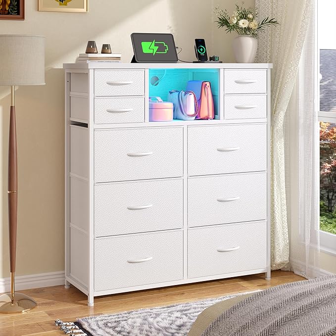 White Dresser for Bedroom with 10 Drawers and Charging Station & LED Light, Sturdy Tall Chest of Drawers with 2 Open Storage Shelves Storage Tower for Closet, Hallway