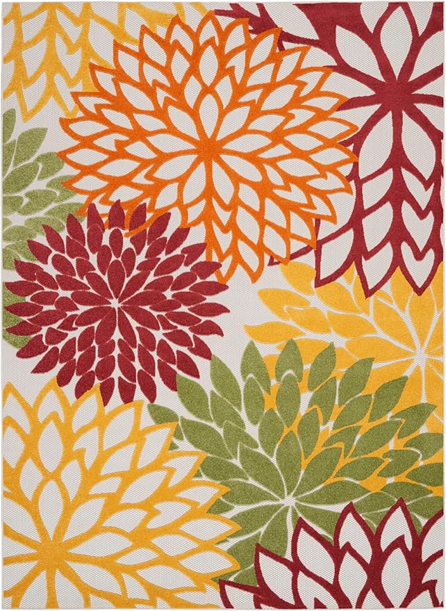 Nourison Aloha Indoor/Outdoor Red Multi Colored 7' x 10' Area Rug, Tropical, Botanical, Easy Cleaning, Non Shedding, Bed Room, Living Room, Dining Room, Deck, Backyard, Patio (7x10)