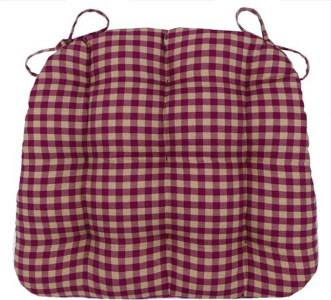 Barnett Home Decor Farmhouse Check Dark Red & Tan Dining Chair Pad with Ties - Latex Foam Fill - 100% Cotton, Made in USA - Machine Washable, Reversible (Red Tan)