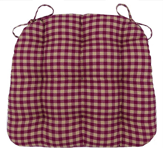 Barnett Home Decor Farmhouse Check Dark Red & Tan Dining Chair Pad with Ties - Latex Foam Fill - 100% Cotton, Made in USA - Machine Washable, Reversible (Red Tan)
