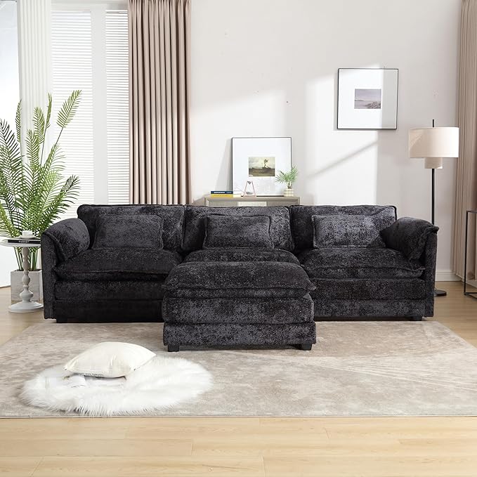 KEIKI 112" L-Shaped Chenille Modular Sectional Chenille Sofa with 1 Movable Ottoman & Memory Foam Cushion, Upholstered Oversized 4-Seater Couch, Easy Assembly, for Apartment, Living Room, Black