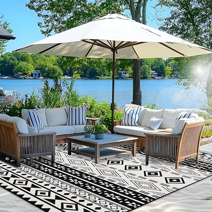 Wallona Outdoor Rugs 5x8 ft Patio Waterproof Clearance Indoor Outdoor Carpet for Patio Plastic Straw Reversible Area Rugs Mat for RV, Camping, Balcony, Beach, Picnic, Porch, Boho Black & White