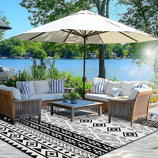Wallona Outdoor Rugs 5x8 ft Patio Waterproof Clearance Indoor Outdoor Carpet for Patio Plastic Straw Reversible Area Rugs Mat for RV, Camping, Balcony, Beach, Picnic, Porch, Boho Black & White