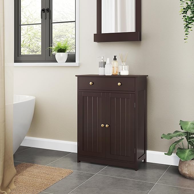 Yaheetech Bathroom Storage Cabinet with Drawer and Double Doors, Free-Standing Organizer with Inner Adjustable Shelf for Living Room, 11.8D x 23.6W x 31.5H in, Espresso