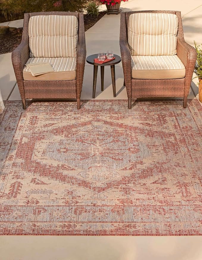 Unique Loom Outdoor Traditional Collection Area Rug - Valeria (10' Square, Rust Red/ Ivory)