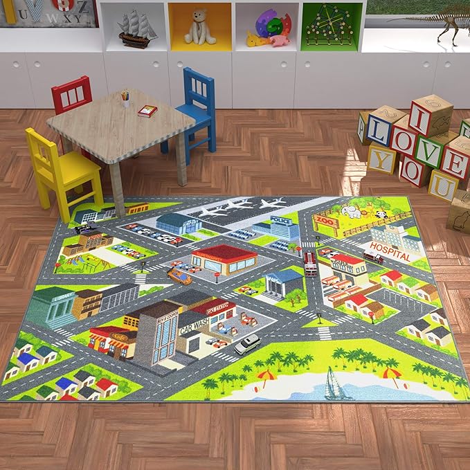 KC Cubs 8x10 City Streets Car Road Rug – Educational Non-Slip Play Mat for Kids, Toddlers, Nursery, Classroom, Playroom, Baby Daycare, Boy Girl Carpet
