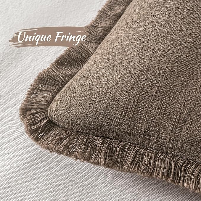 MIULEE Decorative Throw Pillow Covers Neutral Linen Fringe Throw Pillows Set of 2 Cocoa Brown Boho Farmhouse Cushion Covers for Couch Sofa Bed Living Room Spring Home Decor 22x22 Inch