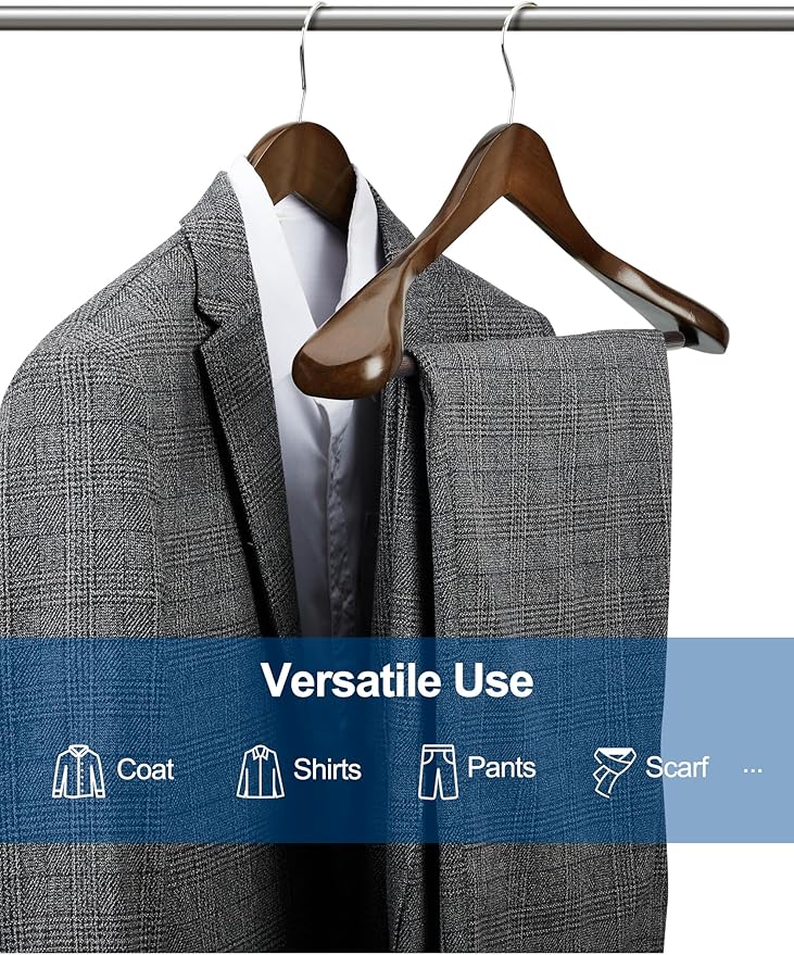 HOUSE DAY Wide Shoulder Wooden Hangers 12 Pack, Wood Suit Hangers for Men with Non Slip Pants Bar, Smooth Finish Solid Wood Coat Hanger for Jacket, Pants, Dress, Heavy Clothes Hanger (Walnut)