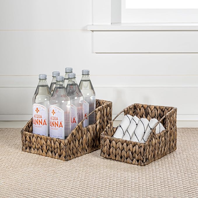 happimess BSK1007B-2SET Havanah Southwestern Handwoven Hyacinth Slanted Pantry Wicker Storage Baskets with Handles, Brown (Set of 2), Seagrass Containers for Decoration in Living Room, Bedroom