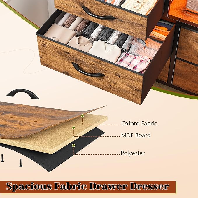 Dresser with LED Lights & Power Outlets, 12 Drawers Dresser TV Stand for 60''TV for Bedroom Fabric Dressers & Chest of Drawers, Sturdy Metal Frame for Closet, Living Room,Hallway, Rustic Brown