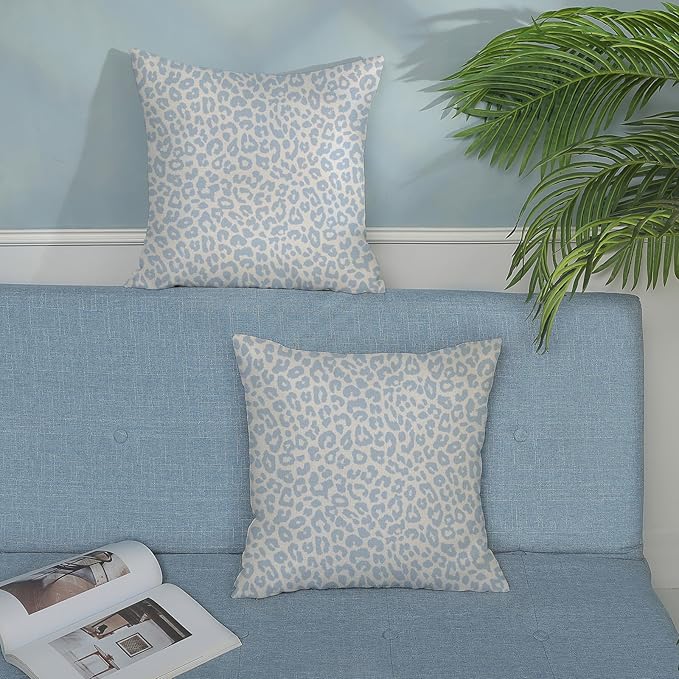 Leopard Print Pillow Covers 18x18 Pack of 2 Baby Blue Animal Pattern Cheetah Decorative Throw Pillow Cover Outdoor Decor Boho Abstract Modern Pillowcase Farmhouse Cushion Case for Couch Sofa