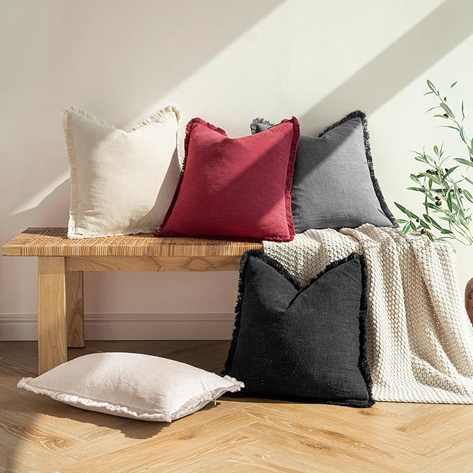 MIULEE Decorative Throw Pillow Covers Neutral Linen Fringe Throw Pillows Euro Shams Set of 2 Burgundy Boho Farmhouse Cushion Covers for Couch Sofa Bed Living Room Spring Home Decor 22x22 Inch