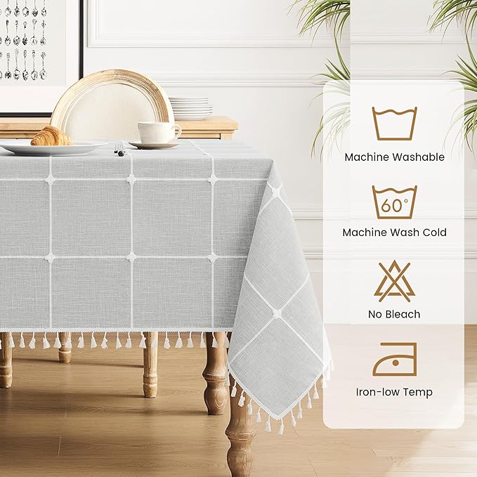 puredown® Plaid Rectangle Tablecloth, Waterproof Cotton Linen Tablecloth with Tassel, Rustic Farmhouse Table Cloths for Kitchen Dining Outdoor, 55"x70",4-6 Seats, Gray