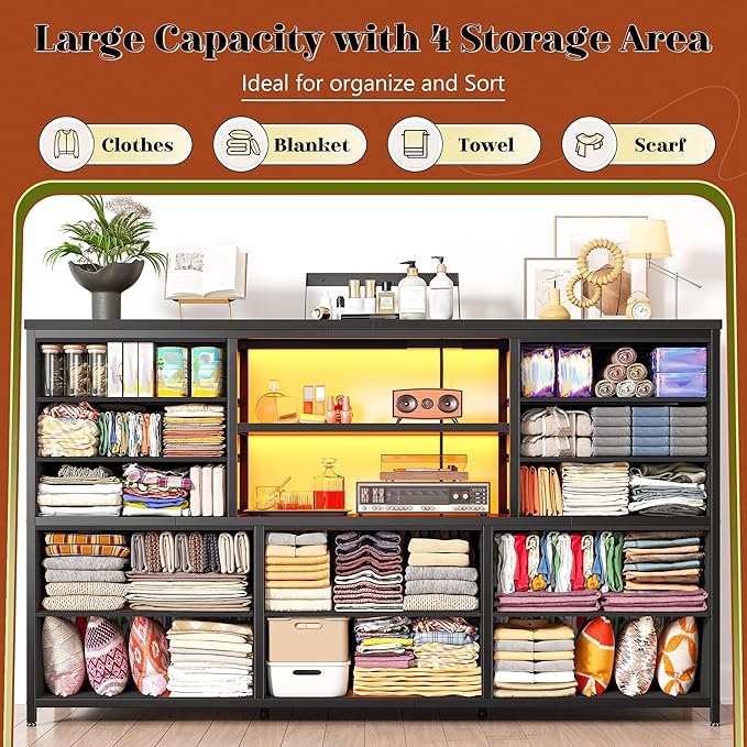 EnHomee Black Dresser with LED Lights & Power Outlets, 12 Drawers Dresser TV Stand for 60''TV Stand for Bedroom Fabric Dressers & Chest of Drawers, Sturdy Metal Frame, for Closet, Living Room,Hallway