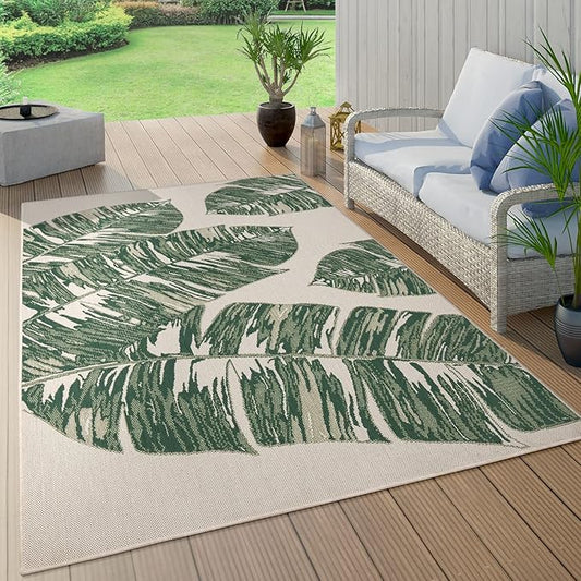 Tropical Outdoor Rug Jungle Leaves Design for Patio in Green Beige, Size: 2' x 3'3"
