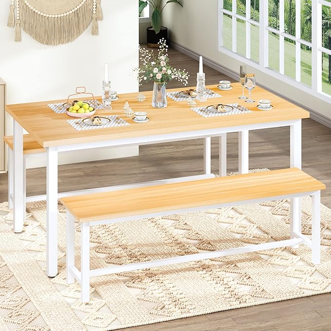 AWQM Dining Table Set with Two Benches, Kitchen Table Set for 4-6 Persons, Kitchen Table of 47.2 x 28.7 x 28.7 Inches, Bench of 41.3 x 11.8 x 17.7 Inches Each, Oak