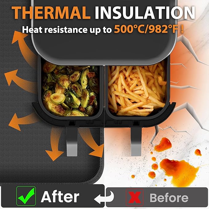 Heat Resistant Mat for Air Fryer Site - 15.7 x 14.9in, Fireproof Silicone Mats for Kitchen Counter, Countertop Protector, Non-slip & Waterproof for Deep Fryer, Oven, Coffee machine (Black)