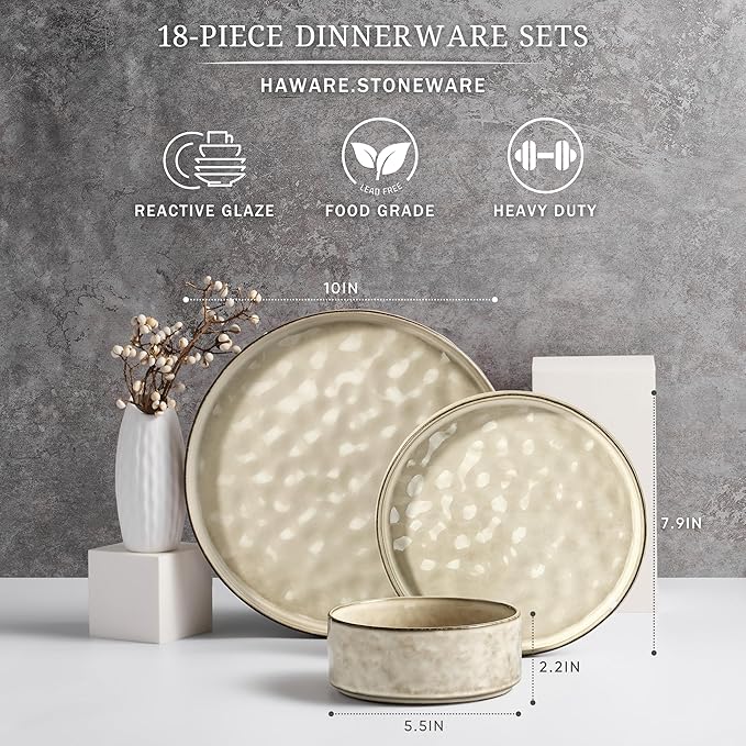 HaWare Dinnerware Sets, 18-Piece Plates and Bowls Set, Stoneware Dish Set for 6, Ceramic Dinnerware for Home Restaurant, Chip and Scratch Resistant, Microwave and Dishwasher Safe, Saturn Khaki