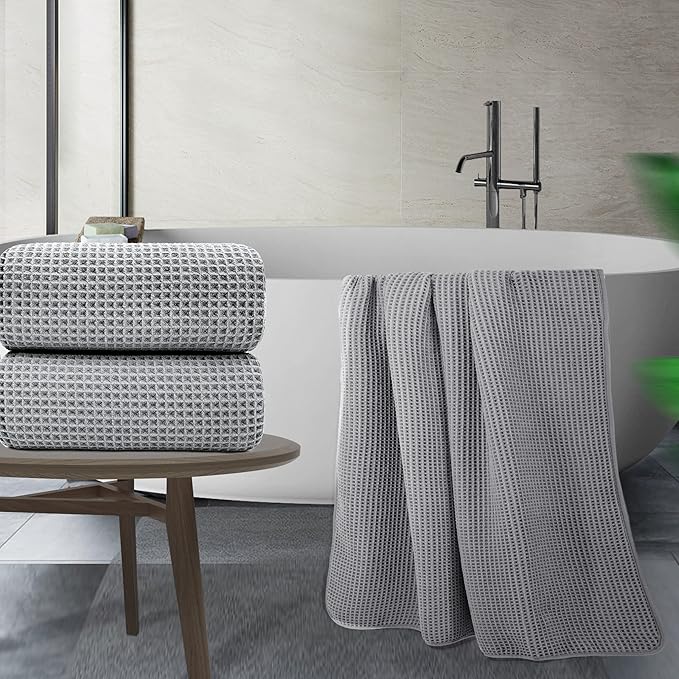 POLYTE Microfiber Quick Dry Lint Free Bath Sheet, 70 x 35 in, Set of 2 (Gray, Waffle Weave)