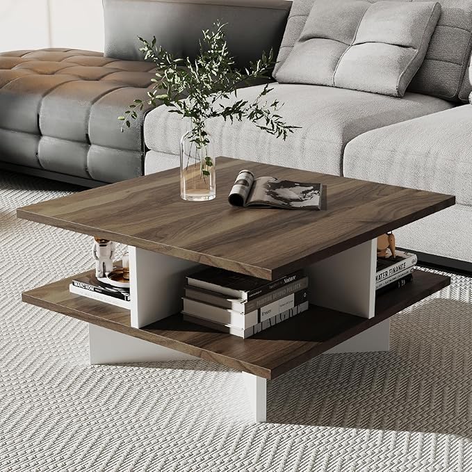 GOFLAME Farmhouse Coffee Table with Storage, 2-Tier Square Center Table with 4 Storage Compartments & Cross-Shape Base, Modern, Wood Tea Tables for Living Room, Lounge, Walnut + White