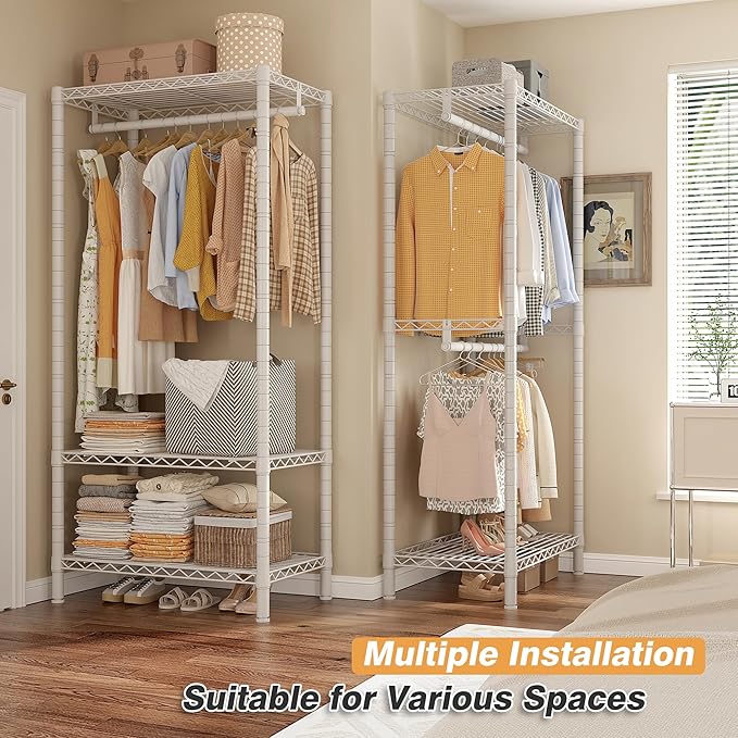 Raybee Heavy Duty Clothes Rack Load 900Lbs, Clothing Rack for Hanging Clothes for Bedroom 77" H x 69'' W x 16'' D,White