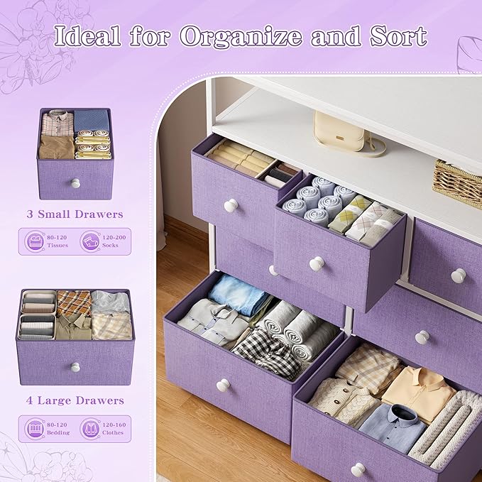 EnHomee Tv Stand for Bedroom with 7 Fabric Dressers and 2 Shelves，Dressers & Chests of Drawers for Closet，Hallway，Entryway，Dormitory，Purple Storage Drawers