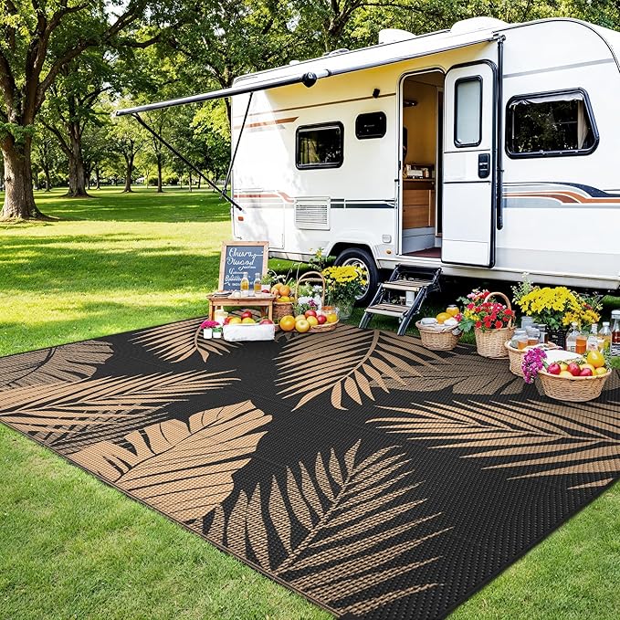 Outdoor Rug 4’x6’ Waterproof for Patio Clearance, Reversible Indoor Outdoor Plastic Straw Camping Rug Carpet, RV Mat, Large Area Rug for Deck, Backyard, Balcony, Porch, Beach, Black & Brown