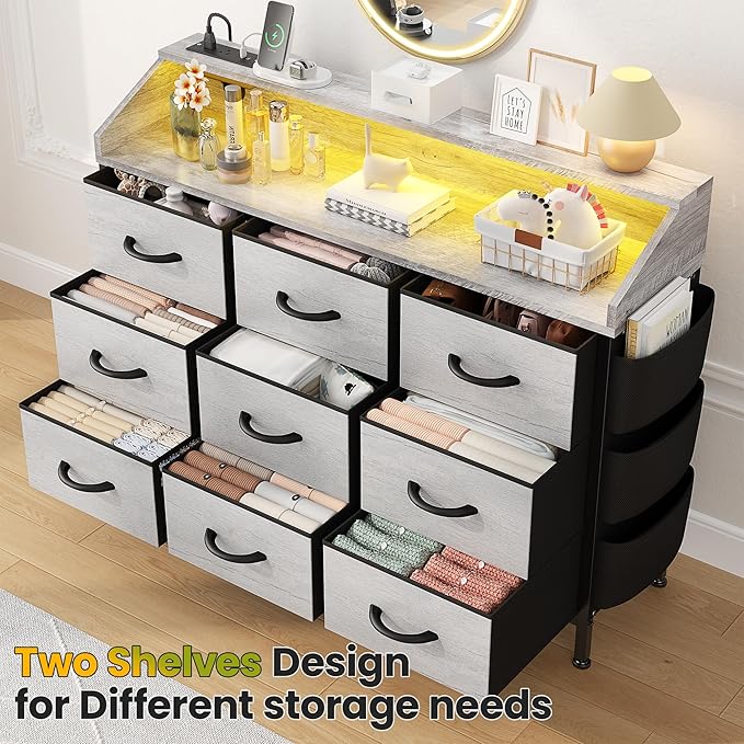 Lulive Dresser TV Stand for Bedroom with 9 Drawers - Chest of Drawers with LED Light & Charging Station - Living Room Hallway Closet Nursery (Grey)