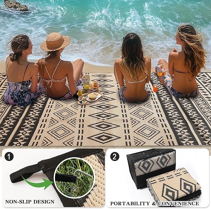 Wallona Outdoor Rugs 5x8 ft Patio Waterproof Clearance Indoor Outdoor Carpet for Patio Plastic Straw Reversible Area Rugs Mat for RV, Camping, Balcony, Beach, Picnic, Porch, Boho Black & Beige