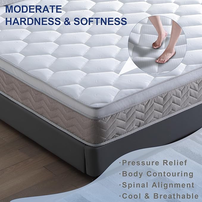 12 Inch Full Mattress Hybrid Innerspring and Plush Memory Mattress in a Box,Medium Soft Feel,Motion Isolation & Pressure Relief,Cooling Bed Mattress for Bed Frames,CertiPUR-US Certified (Queen)