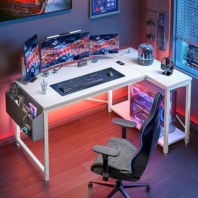 EnHomee 48 Inch L Shaped Gaming Desk, Computer Desk with Storage Shelves & Side Bag, Office Desk with Power Outlets, Small Corner Desk for Small Space Home Office Bedroom, Study Writing Table, White