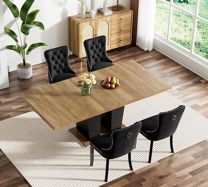 Goujxcy 5-Piece Extendable Dining Table Set for 4-8 People 63-78 Inch Kitchen Table Set with 4 Velvet Upholstered Chairs Farmhouse Rectangular Dining Room Table Set for Kitchen Dining Room Apartment