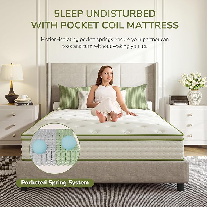 Queen Mattress, 10 Inch Innerspring Queen Size Hybrid Mattress with Individually Pocket Innerspring for Cool Motion Isolation & Silent Sleep, Pressure Relief, Edge Support,Medium Firm