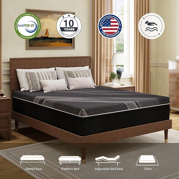Queen Mattress 10 Inch Charcoal Gel Memory Foam in a Box, CertiPUR-US Certified, Fiberglass Free, Cooling Double Mattress, Made in The USA of US Foam, 80" × 60" × 10", Medium