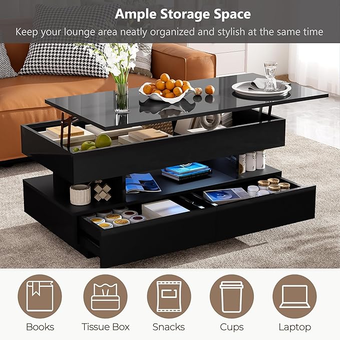 Modern High Gloss LED Coffee Table 39.3-Inch Multi-Functional Lift-Top Center Table with Hidden Storage Space, 2 Drawers for Small Spaces Living Room, Black