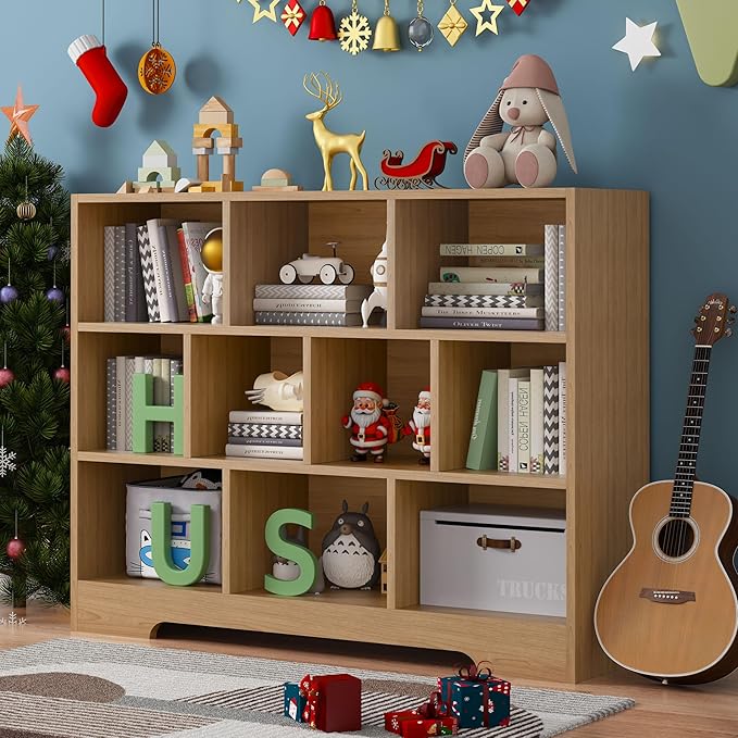 Kids Book Shelf Set of 2, 10 Cubes Storage Organizer Montessori Bookshelf, 3-Tier Wooden Kids Bookcase, Toy Storage Organizer for Children, Wooden Toddler Bookshelf Cube Shelf for Kid’s Room