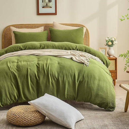 MEISHANG Muslin Duvet Cover Queen Size - 100% Organic Cotton, Soft Textured Gauze Weave Comforter Cover for Breathable All-Season with Zipper Closure - 3 Piece Set (Queen, Forest Green)